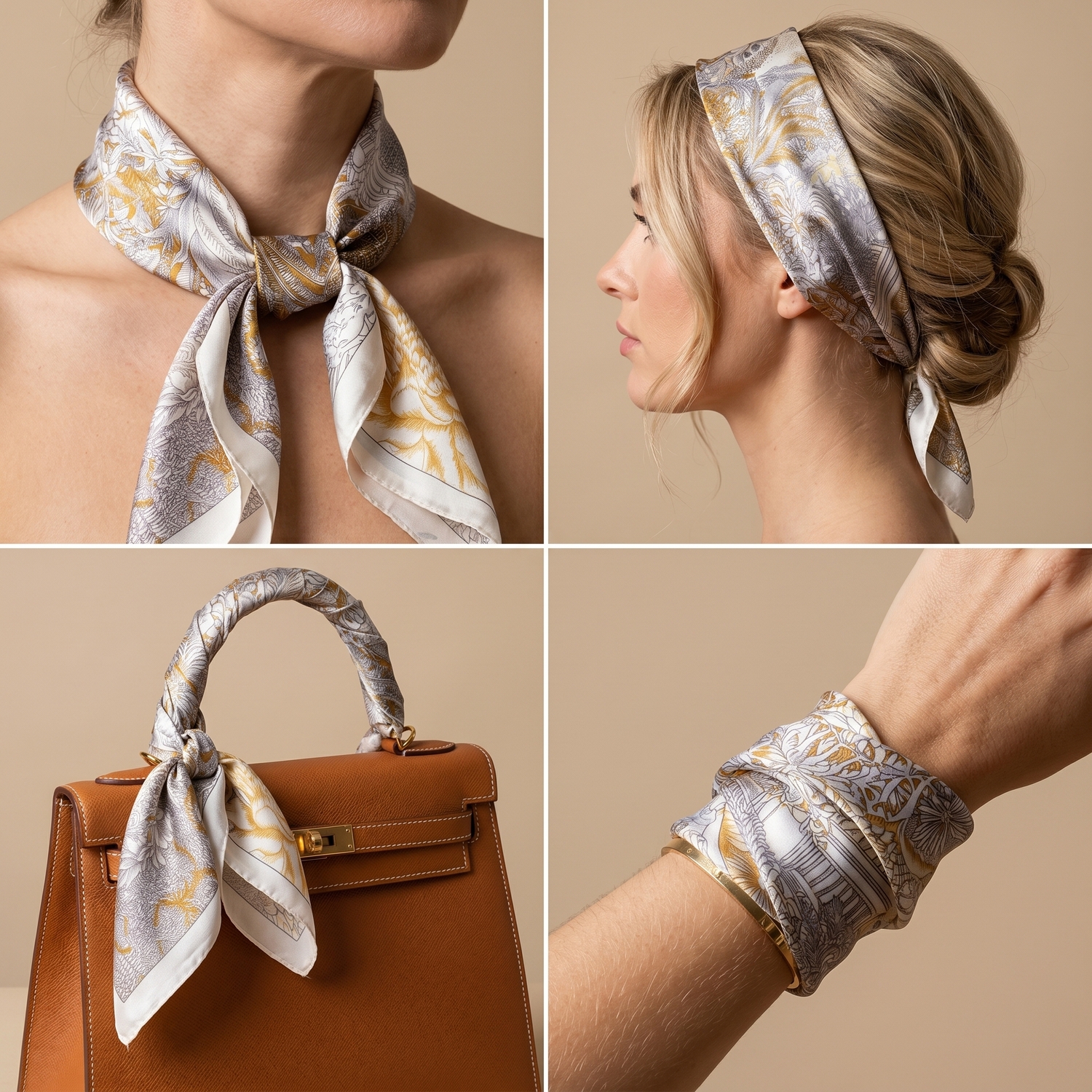 Roselys Paris foulard femme blanc doré abstrait carré satiné 70x70 cm, en bandeau dans les cheveux