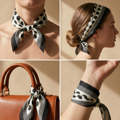 Roselys Paris foulard femme blanc noir géométrique carré satiné 70x70 cm, en bandeau dans les cheveux