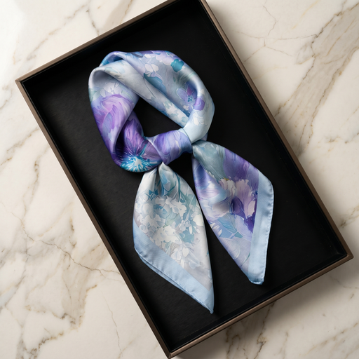 Roselys Paris foulard femme violet bleu fleuri carré satiné 70x70 cm