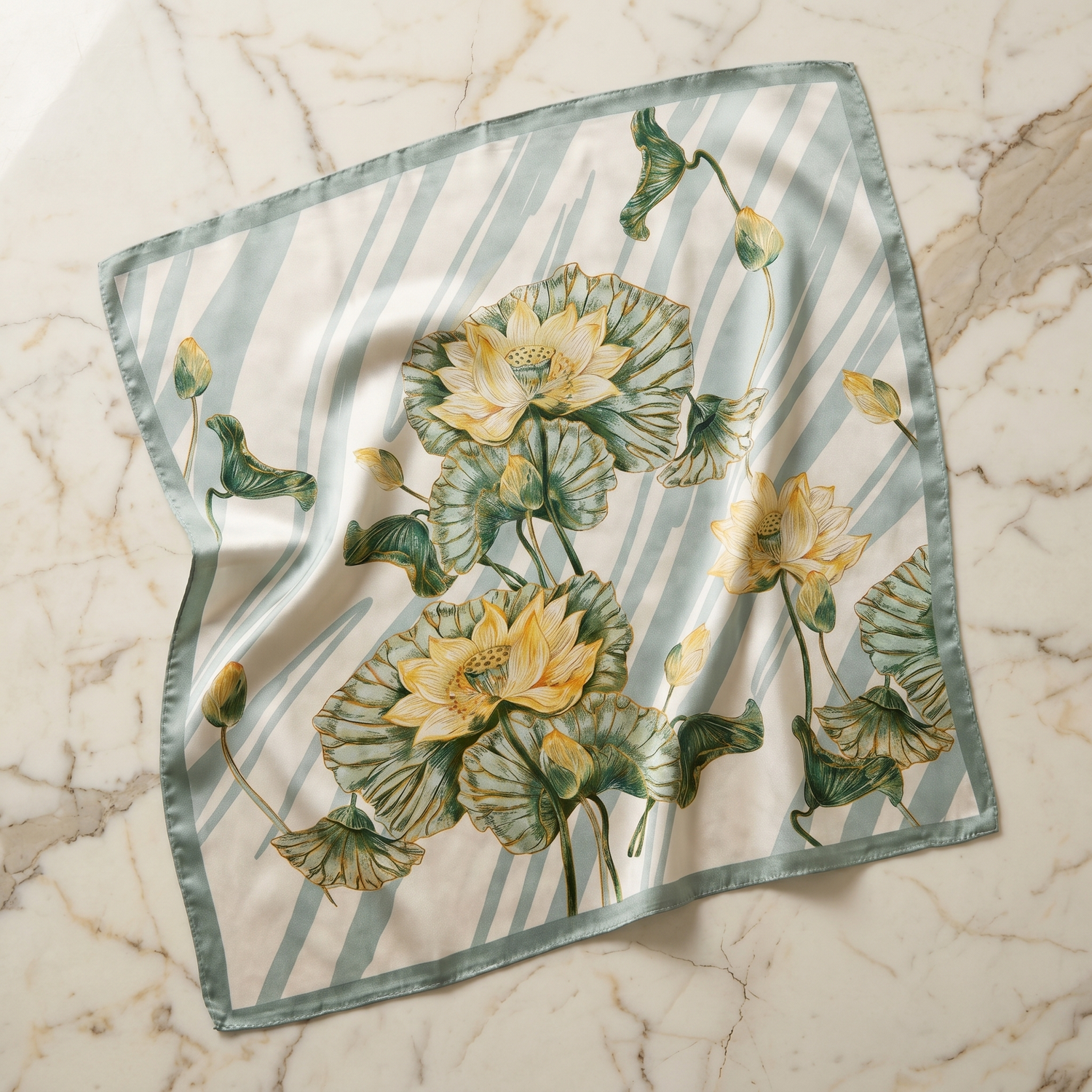 Roselys Paris foulard femme crème vert fleuri carré satiné 70x70 cm