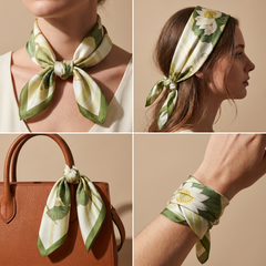 Roselys Paris foulard femme vert crème fleuri carré satiné 70x70 cm, en bandeau dans les cheveux