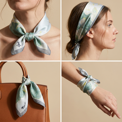 Roselys Paris foulard femme gris vert abstrait carré satiné 70x70 cm, en bandeau dans les cheveux