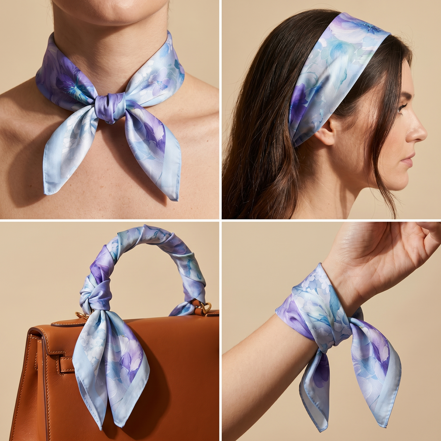 Roselys Paris foulard femme violet bleu fleuri carré satiné 70x70 cm, en bandeau dans les cheveux