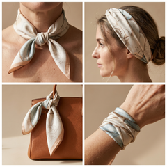Roselys Paris foulard femme crème rose fleuri carré satiné 70x70 cm, en bandeau dans les cheveux