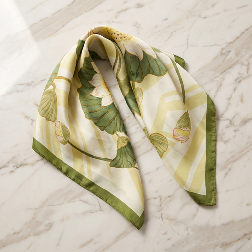 Roselys Paris foulard femme vert crème fleuri carré satiné 70x70 cm