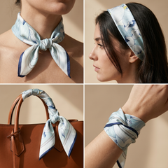 Roselys Paris foulard femme bleu ciel blanc fleuri carré satiné 70x70 cm, porté au cou