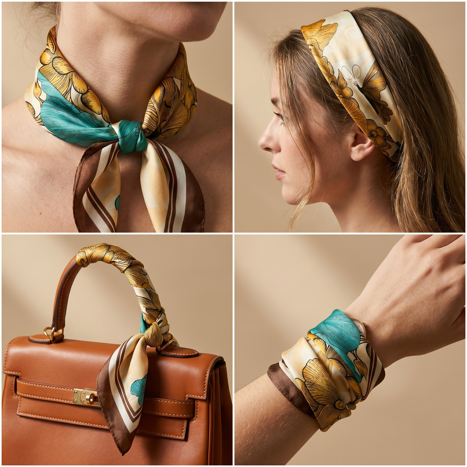 Roselys Paris foulard femme doré vert fleuri carré satiné 70x70 cm, en bandeau dans les cheveux