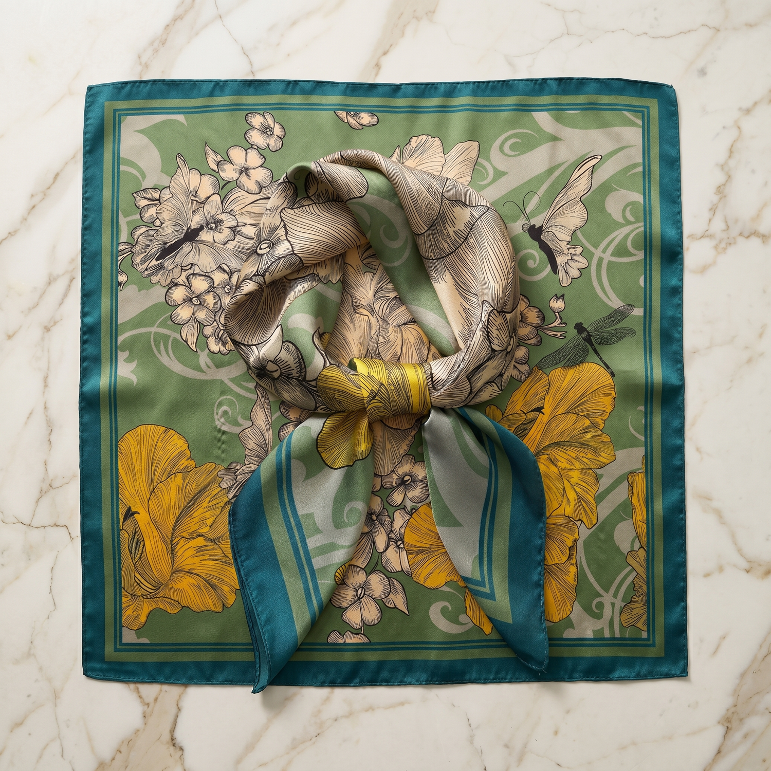Roselys Paris foulard femme vert doré fleuri carré satiné 70x70 cm