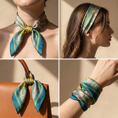 Roselys Paris foulard femme vert doré fleuri carré satiné 70x70 cm, en bandeau dans les cheveux
