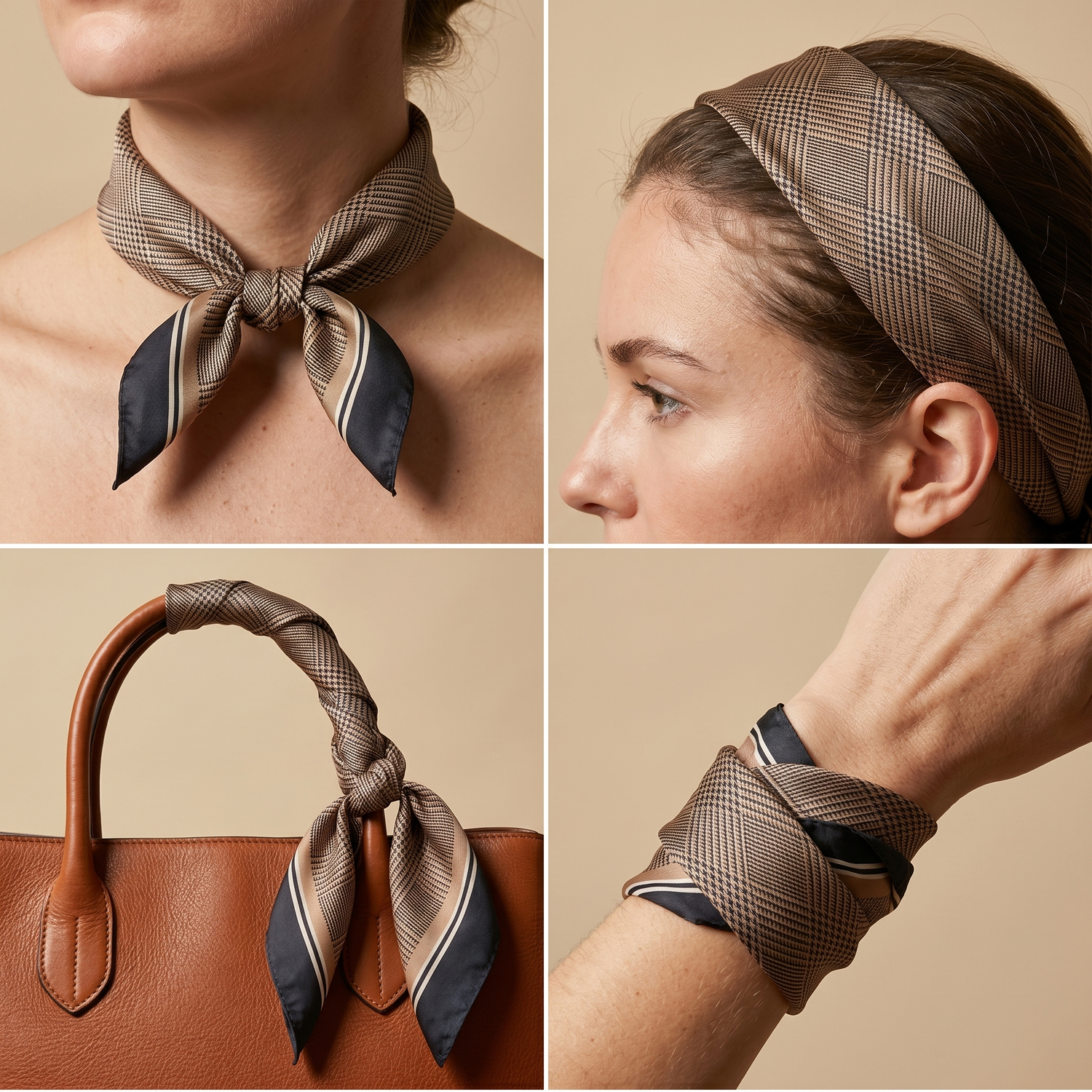 Roselys Paris foulard femme marron marine géométrique carré satiné 70x70 cm, en bandeau dans les cheveux