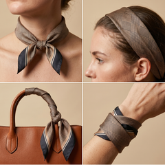 Roselys Paris foulard femme marron marine géométrique carré satiné 70x70 cm, en bandeau dans les cheveux