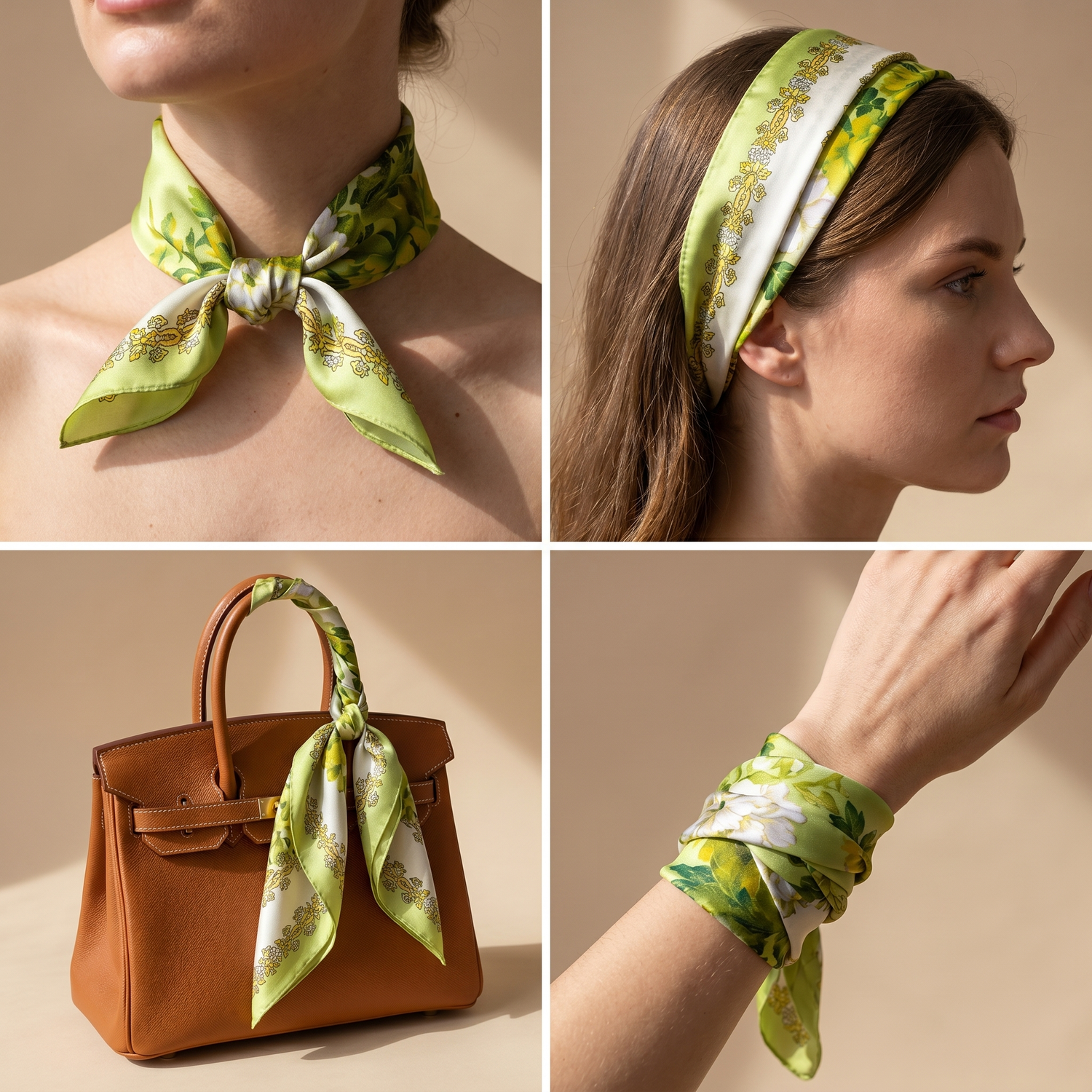 Roselys Paris foulard femme vert jaune fleuri carré satiné 70x70 cm, en bandeau dans les cheveux
