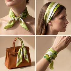 Roselys Paris foulard femme vert jaune fleuri carré satiné 70x70 cm, en bandeau dans les cheveux
