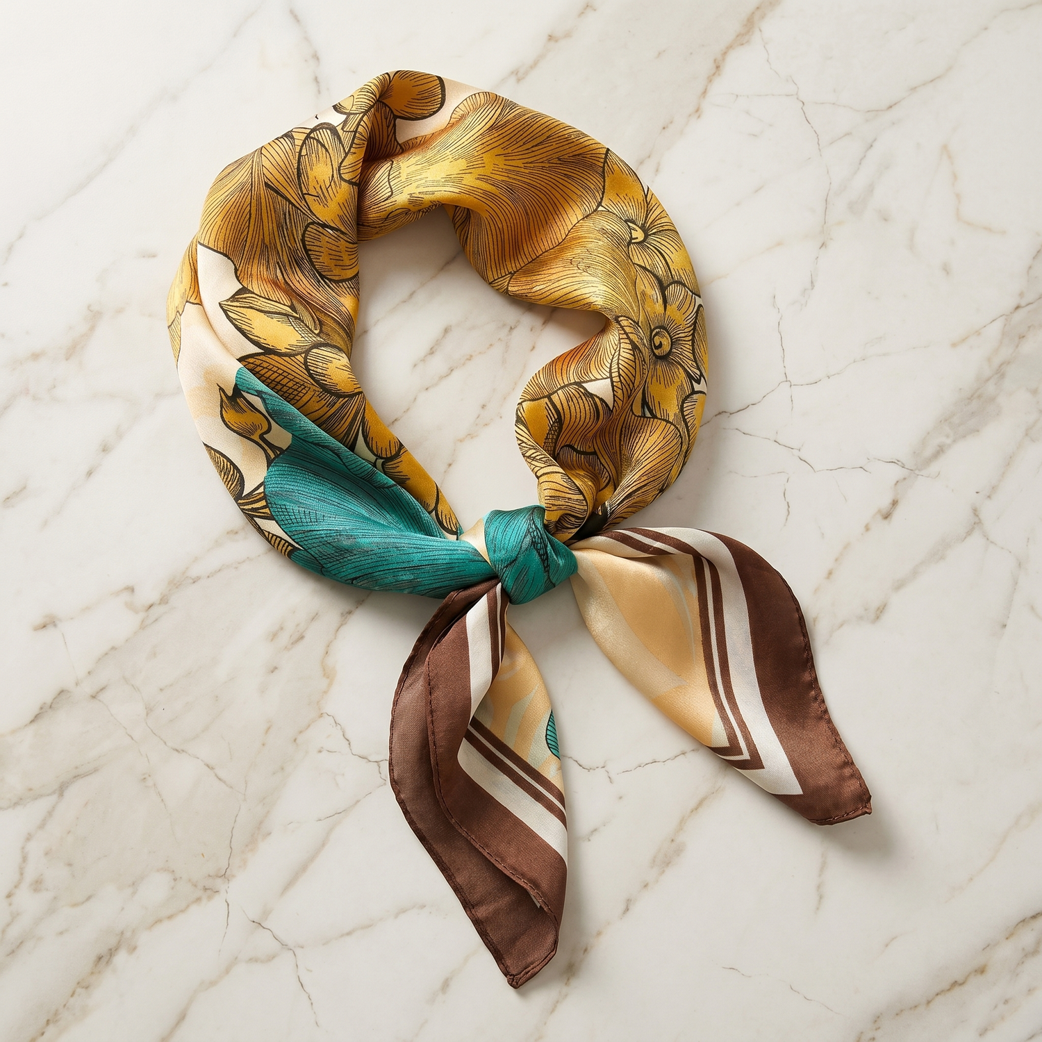 Roselys Paris foulard femme doré vert fleuri carré satiné 70x70 cm