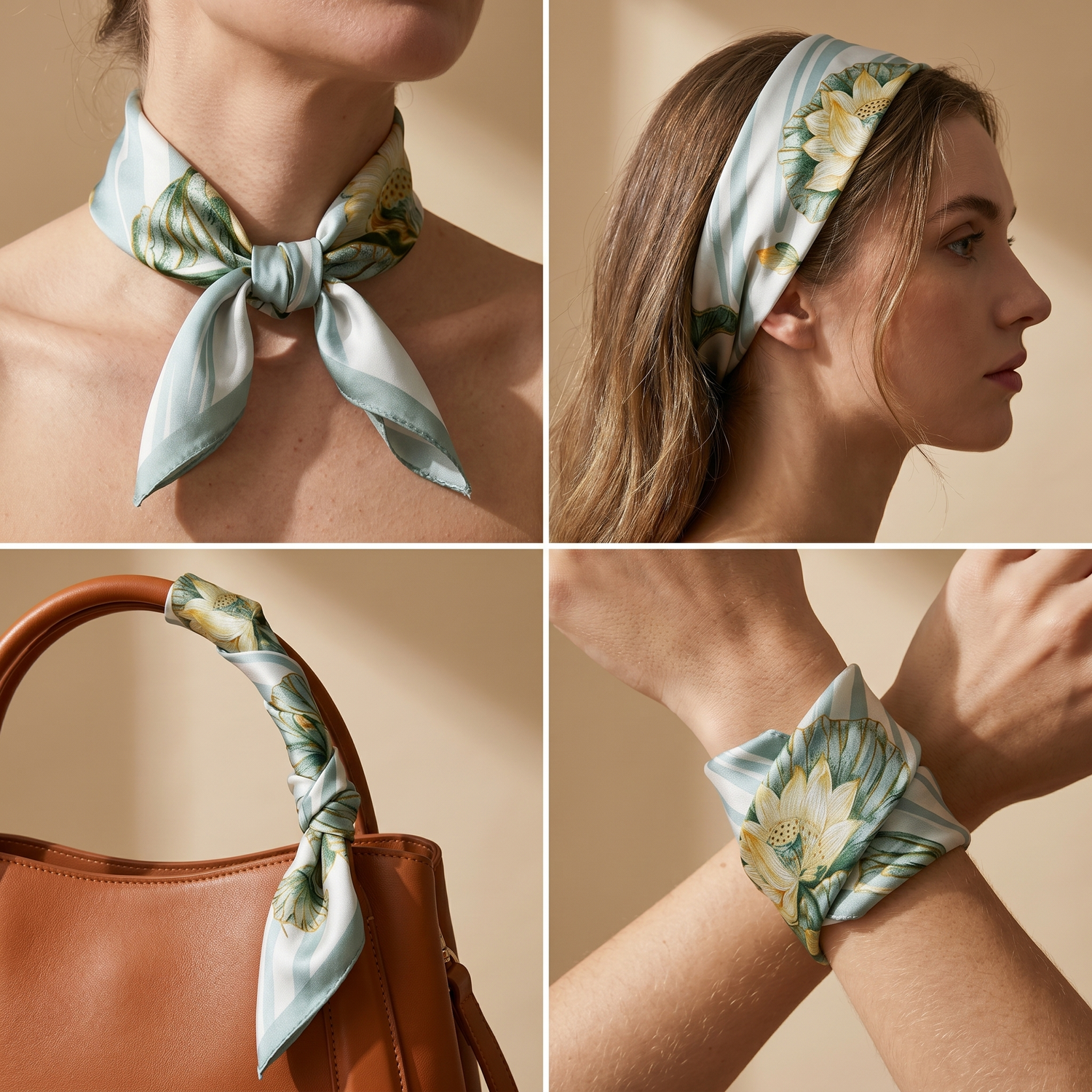 Roselys Paris foulard femme crème vert fleuri carré satiné 70x70 cm, en bandeau dans les cheveux