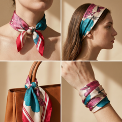 Roselys Paris foulard femme rose turquoise fleuri carré satiné 70x70 cm, en bandeau dans les cheveux
