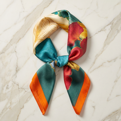 Roselys Paris foulard femme orange turquoise abstrait carré satiné 70x70 cm