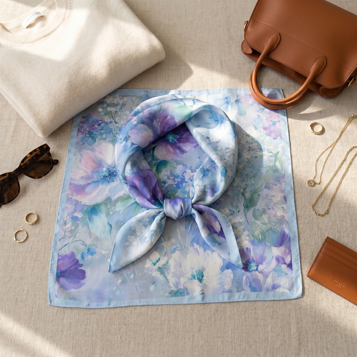 Roselys Paris foulard femme violet bleu fleuri carré satiné 70x70 cm, porté au cou