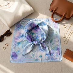 Roselys Paris foulard femme violet bleu fleuri carré satiné 70x70 cm, porté au cou