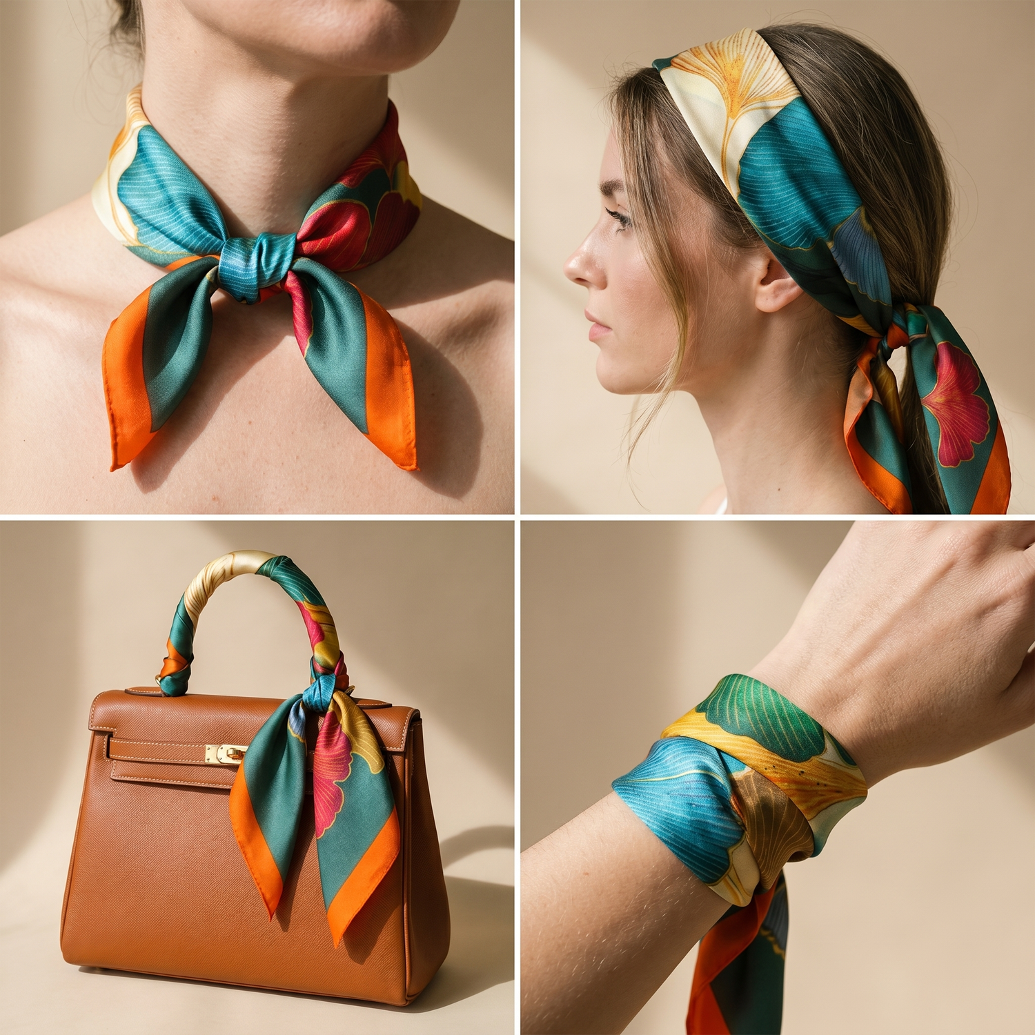 Roselys Paris foulard femme orange turquoise abstrait carré satiné 70x70 cm, en bandeau dans les cheveux