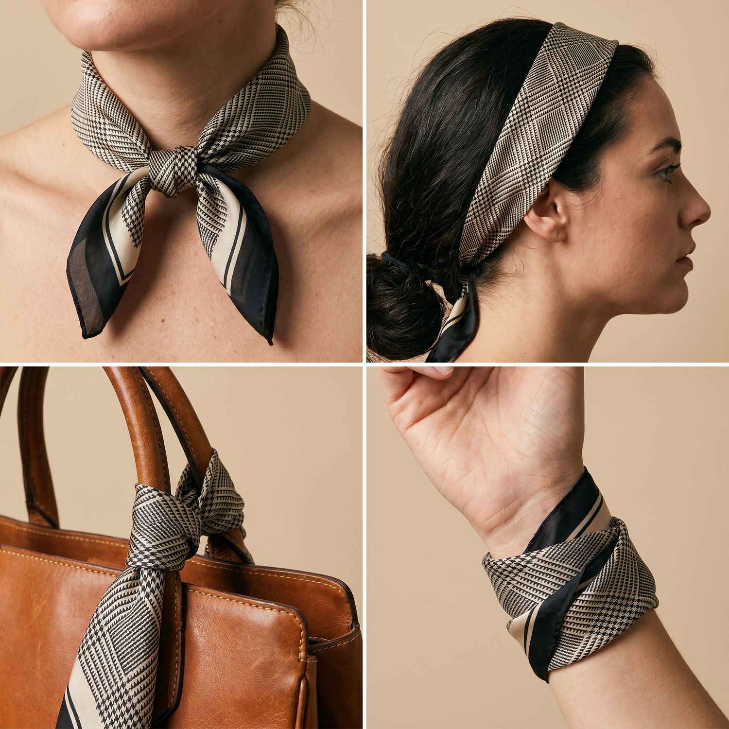 Roselys Paris foulard femme gris marine géométrique carré satiné 70x70 cm, en bandeau dans les cheveux