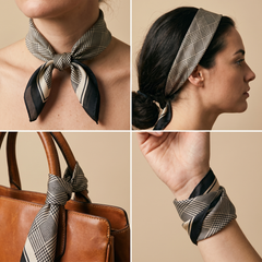 Roselys Paris foulard femme gris marine géométrique carré satiné 70x70 cm, en bandeau dans les cheveux
