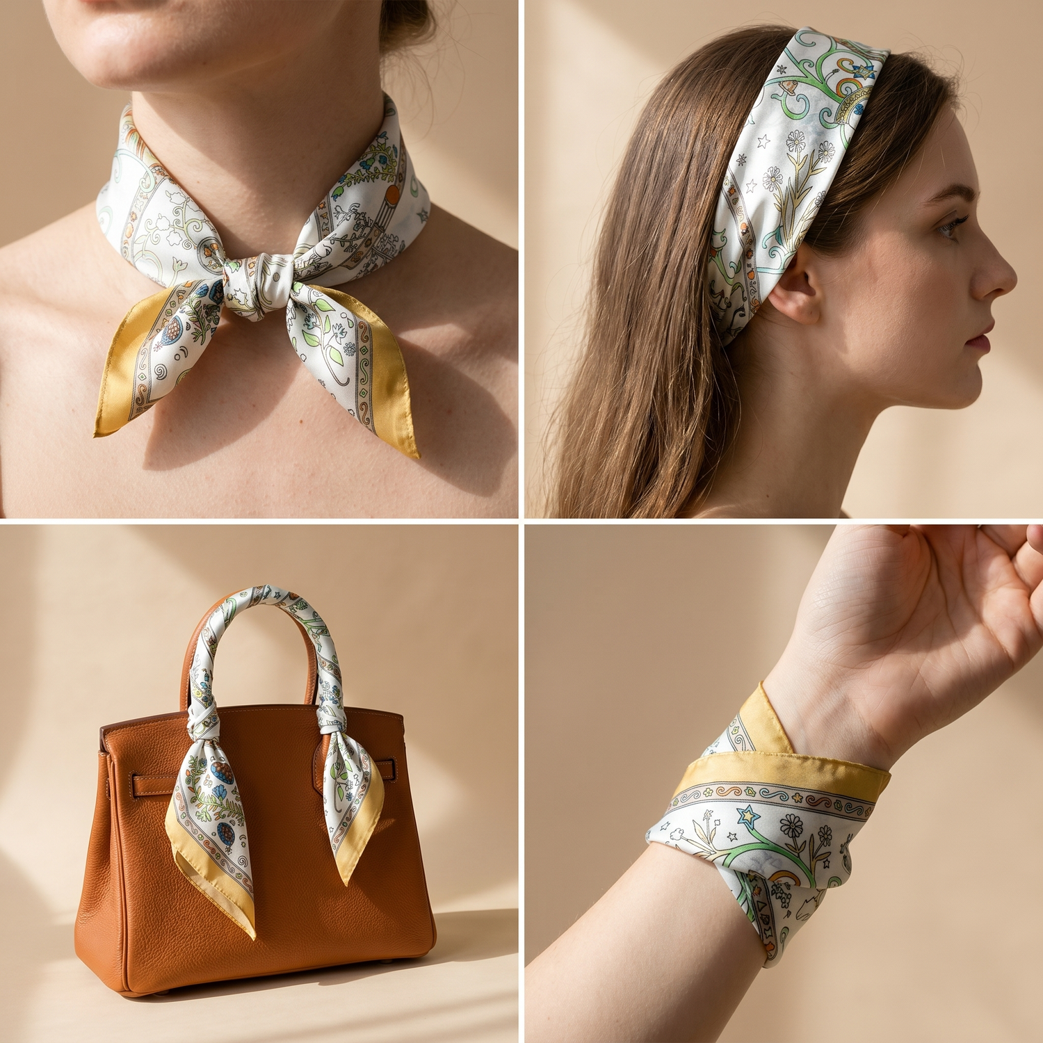 Roselys Paris foulard femme crème vert fleuri carré satiné 70x70 cm, en bandeau dans les cheveux