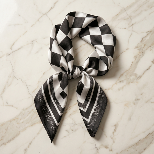 Roselys Paris foulard femme noir blanc carreaux carré satiné 70x70 cm