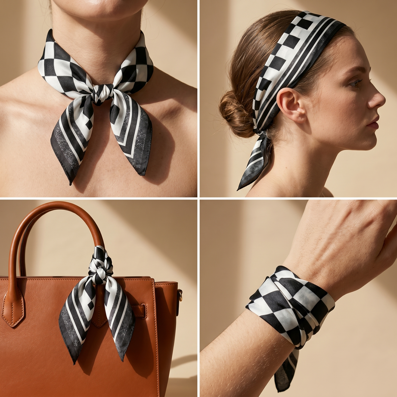 Roselys Paris foulard femme noir blanc carreaux carré satiné 70x70 cm, en bandeau dans les cheveux