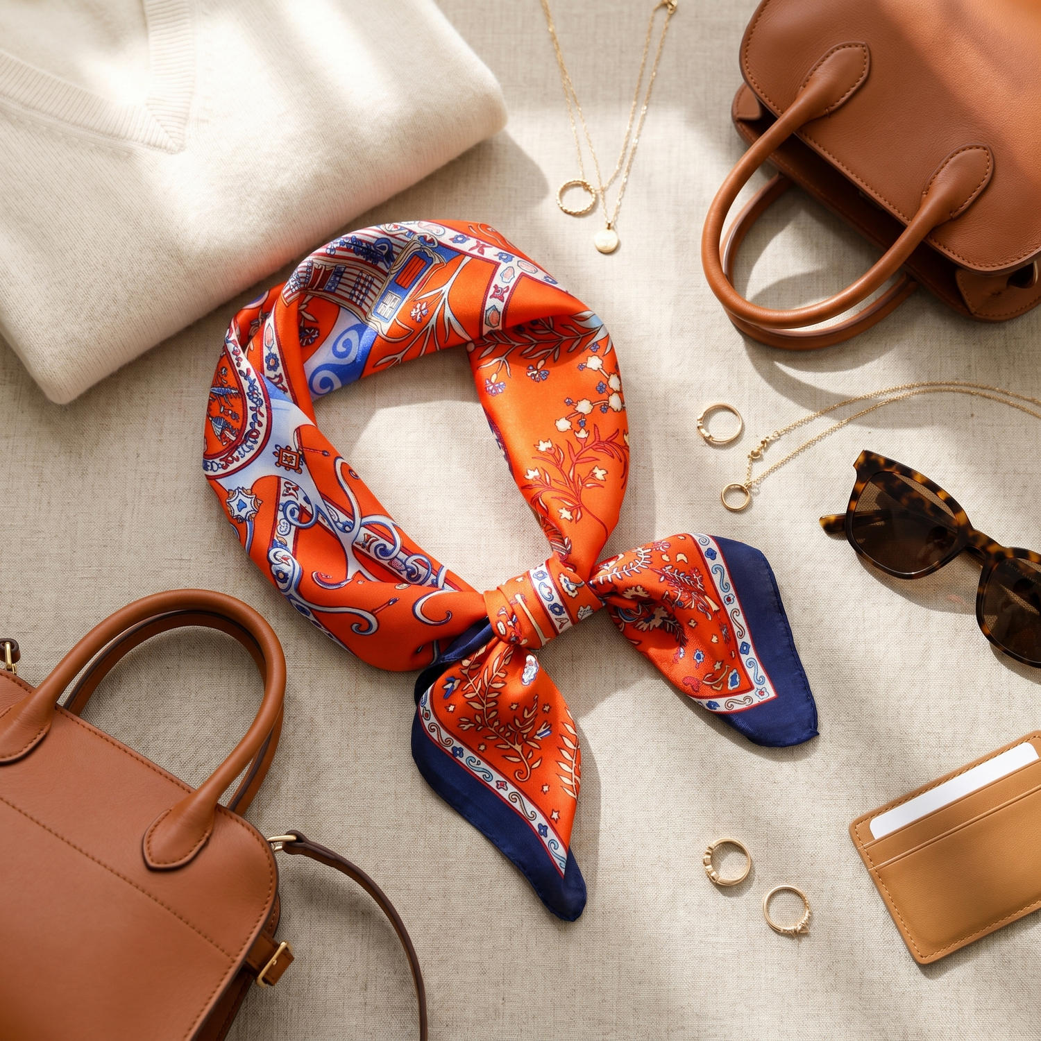 Roselys Paris foulard femme orange bleu paisley carré satiné 70x70 cm, porté au cou