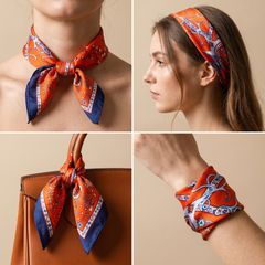 Roselys Paris foulard femme orange bleu paisley carré satiné 70x70 cm, en bandeau dans les cheveux