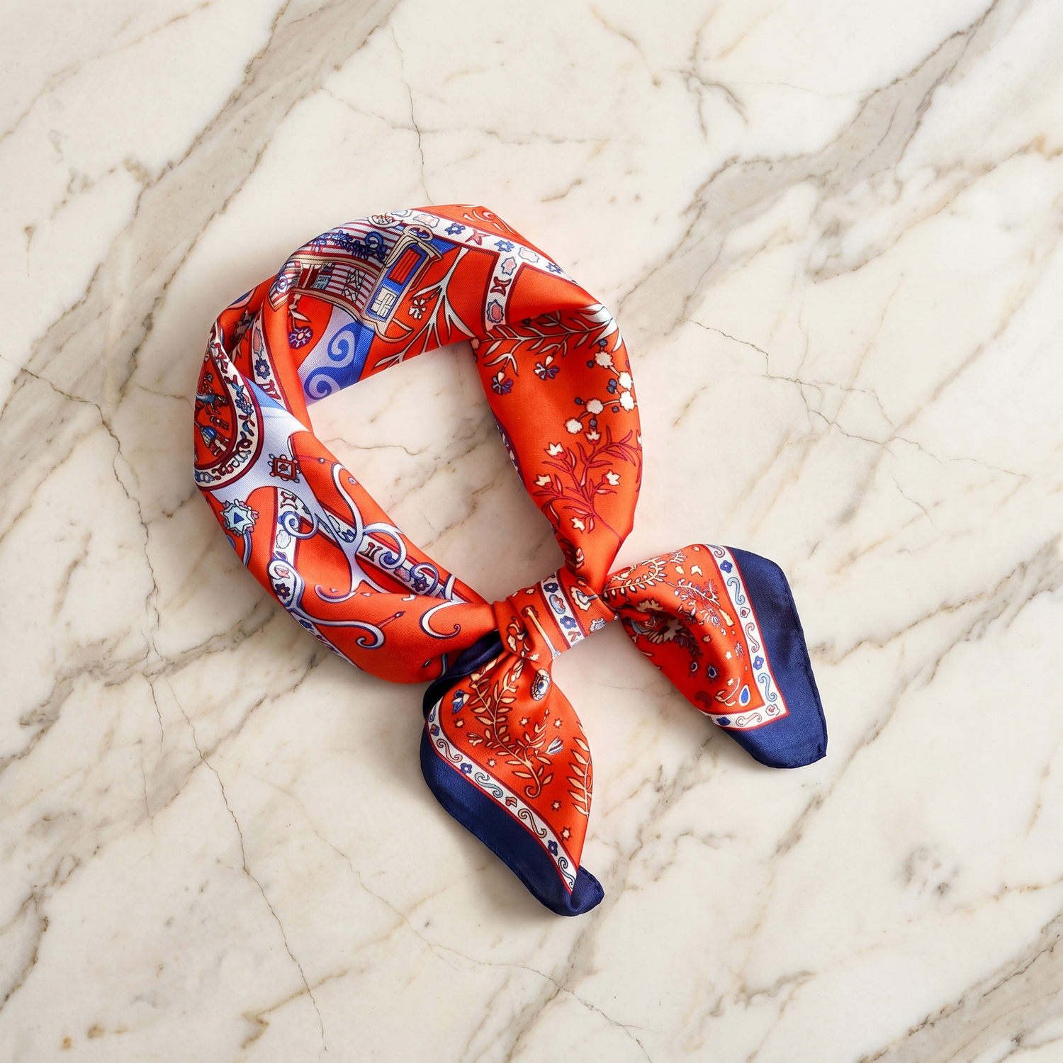 Roselys Paris foulard femme orange bleu paisley carré satiné 70x70 cm