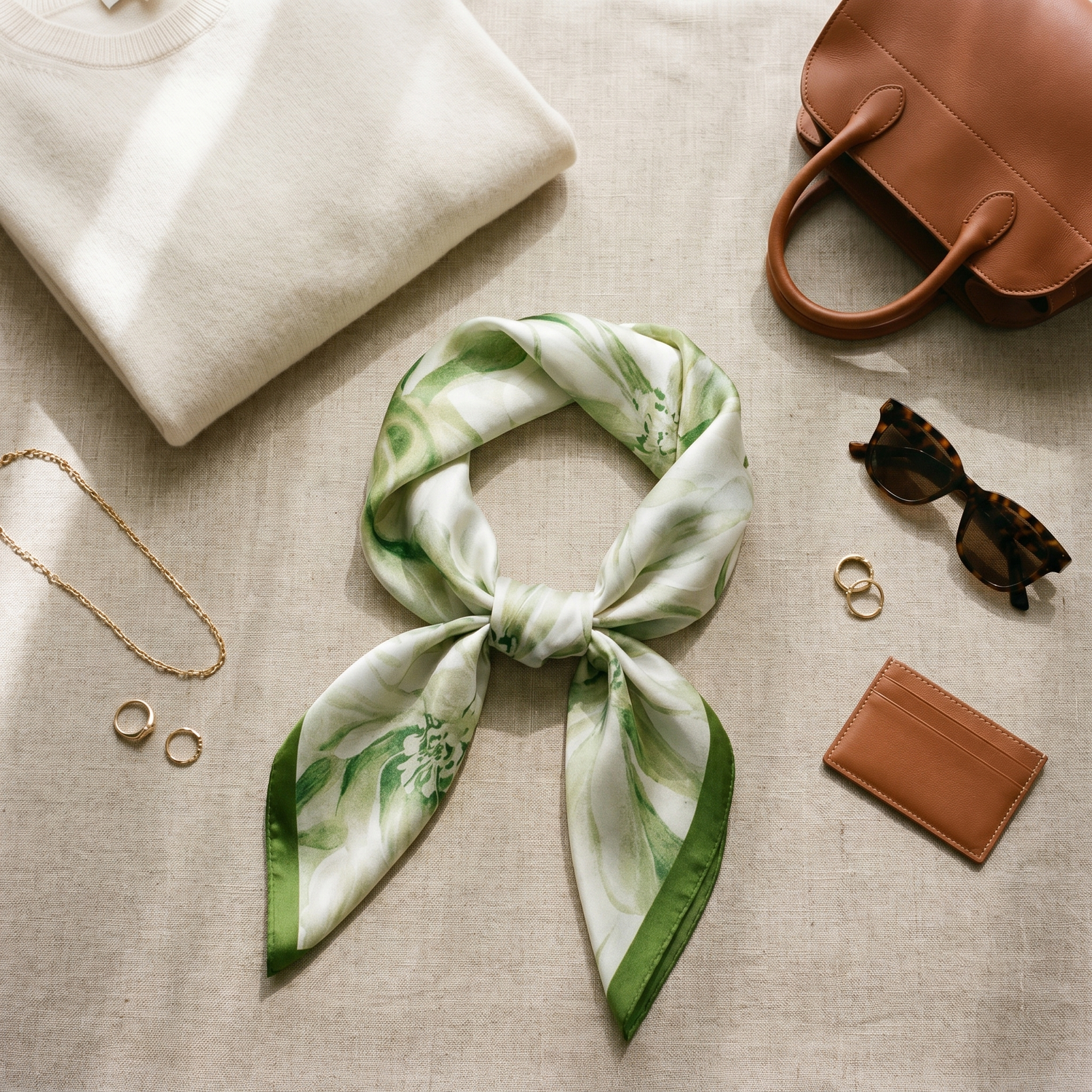 Roselys Paris foulard femme vert blanc fleuri carré satiné 70x70 cm, porté au cou