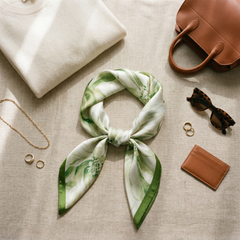Roselys Paris foulard femme vert blanc fleuri carré satiné 70x70 cm, porté au cou
