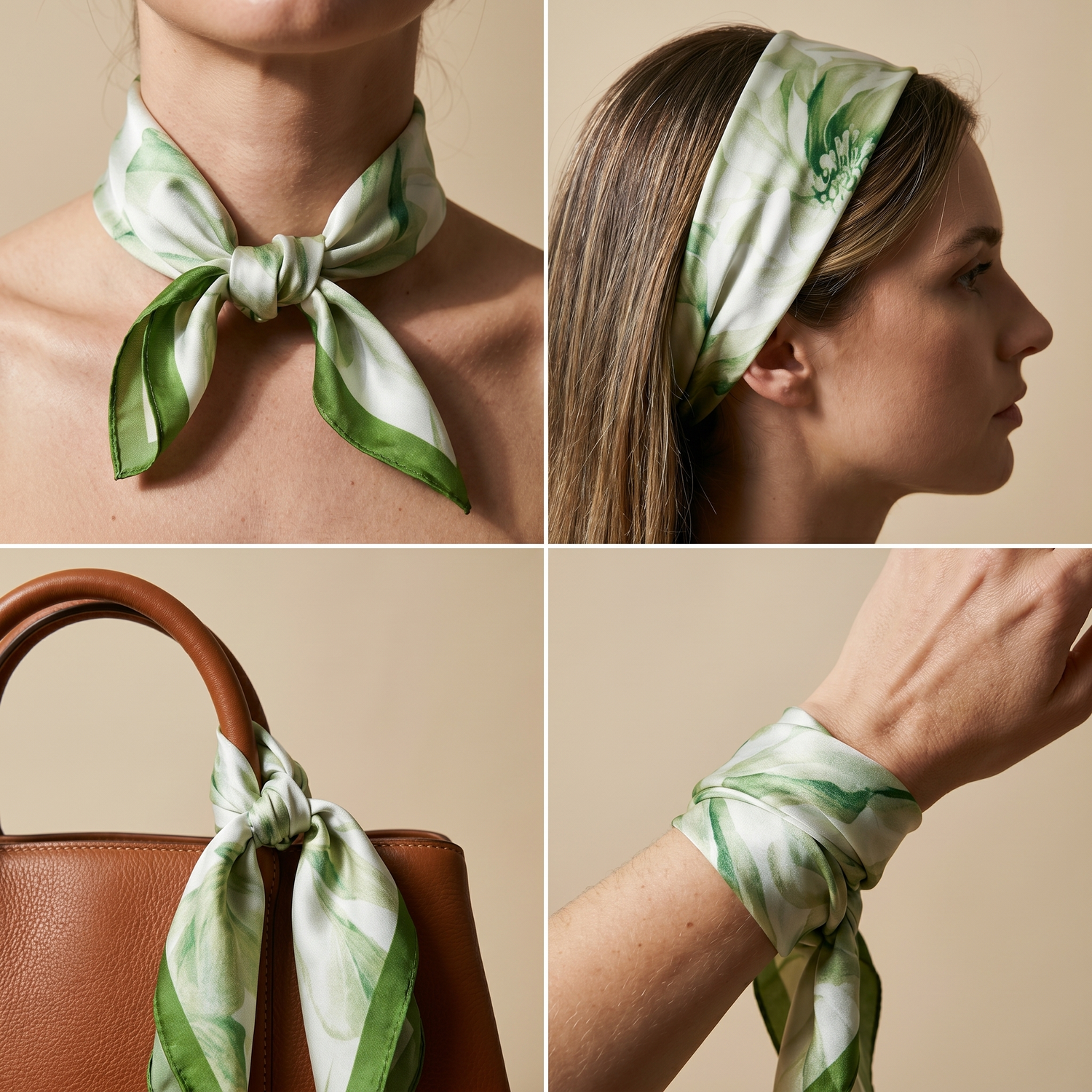 Roselys Paris foulard femme vert blanc fleuri carré satiné 70x70 cm, en bandeau dans les cheveux