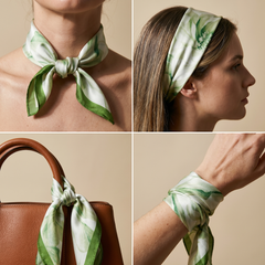 Roselys Paris foulard femme vert blanc fleuri carré satiné 70x70 cm, en bandeau dans les cheveux