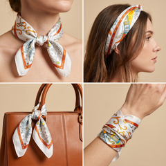 Roselys Paris foulard femme crème orange paisley carré satiné 70x70 cm, en bandeau dans les cheveux