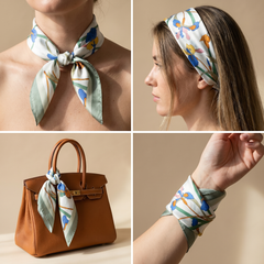 Roselys Paris foulard femme blanc bleu ciel fleuri carré satiné 70x70 cm, en bandeau dans les cheveux