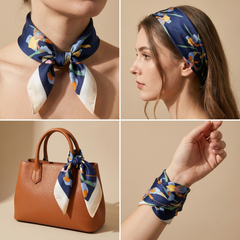 Roselys Paris foulard femme marine crème géométrique carré satiné 70x70 cm, en bandeau dans les cheveux