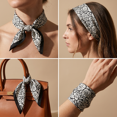 Roselys Paris foulard femme blanc noir baroque carré satiné 70x70 cm, en bandeau dans les cheveux