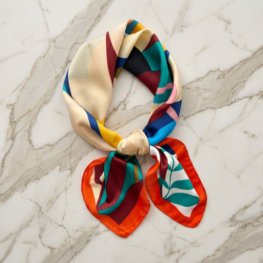 Roselys Paris foulard femme crème rouge abstrait carré satiné 70x70 cm