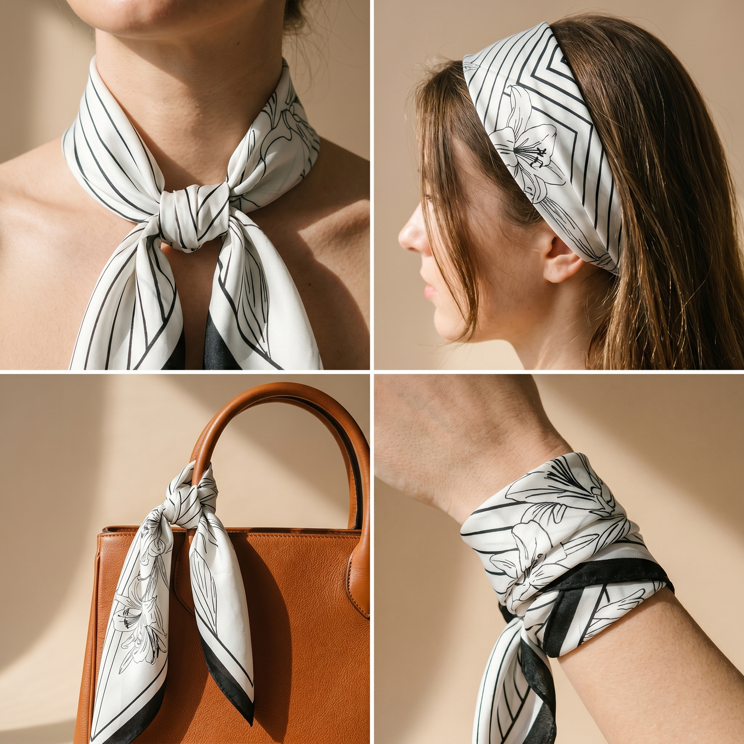 Roselys Paris foulard femme crème noir géométrique carré satiné 70x70 cm, en bandeau dans les cheveux