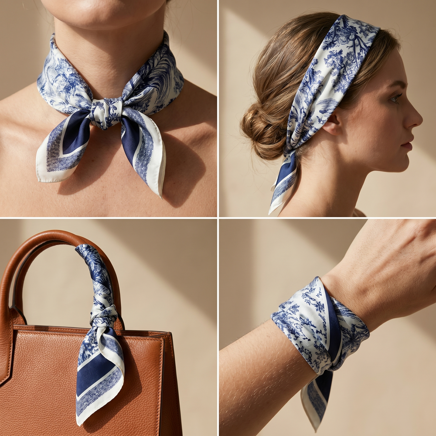 Roselys Paris foulard femme blanc marine paisley carré satiné 70x70 cm, en bandeau dans les cheveux
