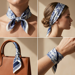 Roselys Paris foulard femme blanc marine paisley carré satiné 70x70 cm, en bandeau dans les cheveux