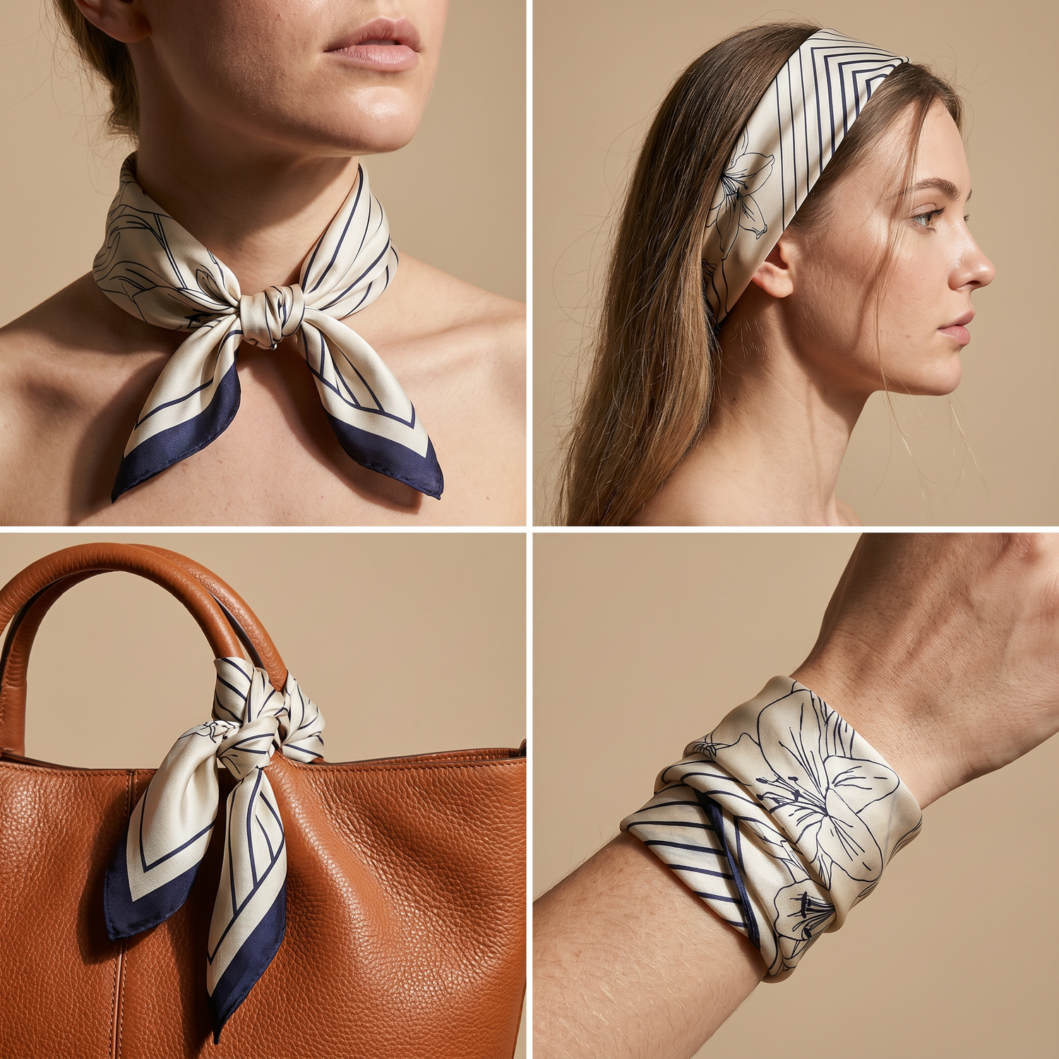 Roselys Paris foulard femme crème marine géométrique carré satiné 70x70 cm, en bandeau dans les cheveux