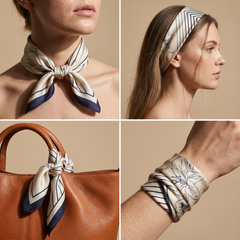 Roselys Paris foulard femme crème marine géométrique carré satiné 70x70 cm, en bandeau dans les cheveux
