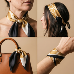 Roselys Paris foulard femme doré noir abstrait carré satiné 70x70 cm, en bandeau dans les cheveux