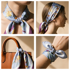 Roselys Paris foulard femme bleu ciel bordeaux fleuri carré satiné 70x70 cm, en bandeau dans les cheveux