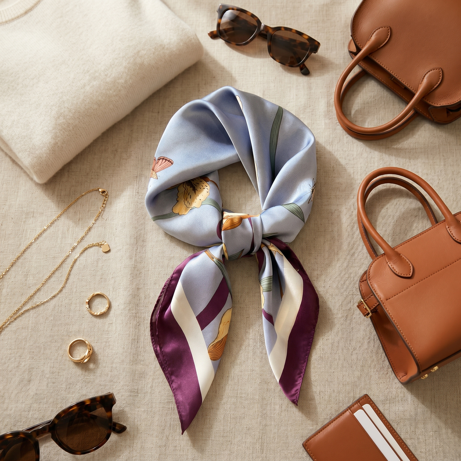 Roselys Paris foulard femme bleu ciel bordeaux fleuri carré satiné 70x70 cm, porté au cou