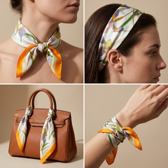 Roselys Paris foulard femme crème orange fleuri carré satiné 70x70 cm, en bandeau dans les cheveux